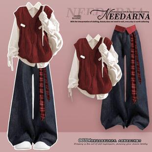 一整套ootd穿搭韩系减龄牛仔套装 冬装 马甲巨好看 圣诞学院风衬衫