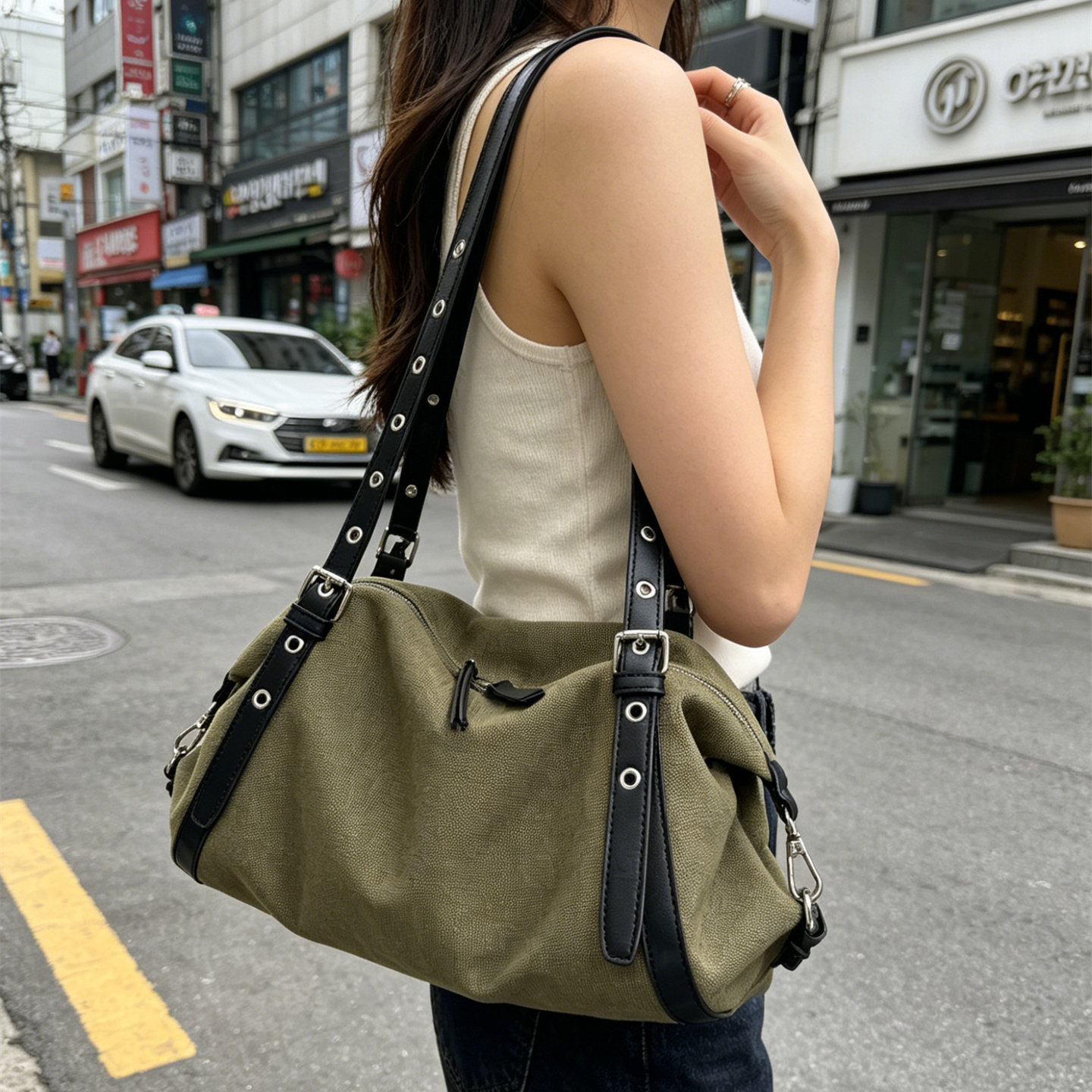 复古帆布铆钉大容量通勤托特包