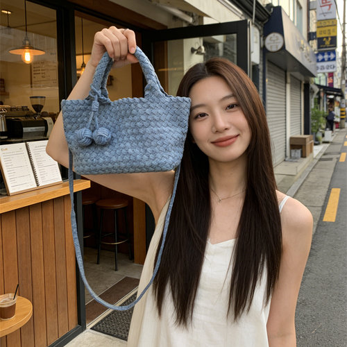 扎染牛仔手工编织小篮子包