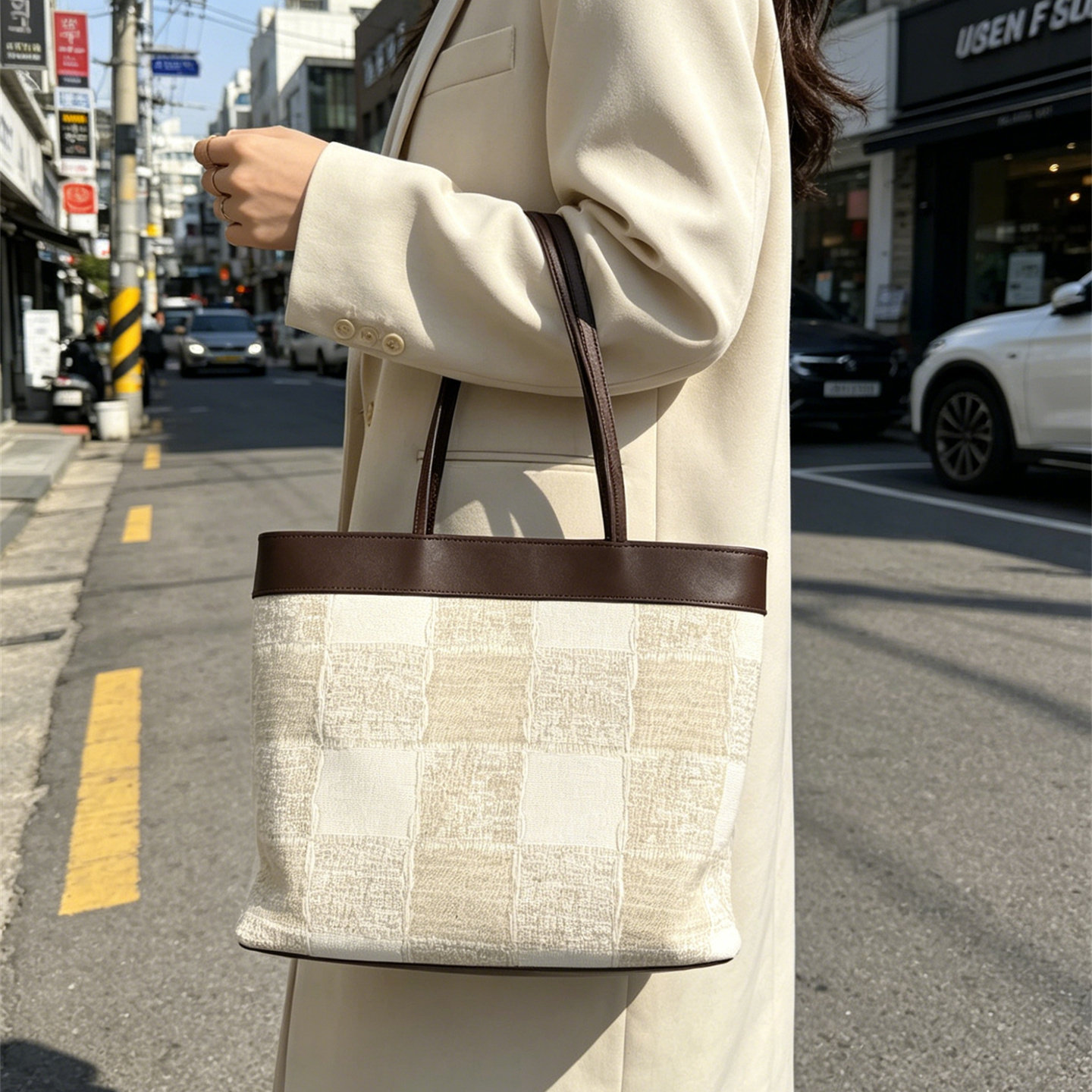 日韩风帆布格子托特包大容量手提
