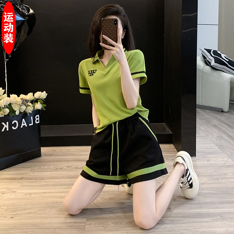 吸汗翻领显瘦短裤网球运动套装女