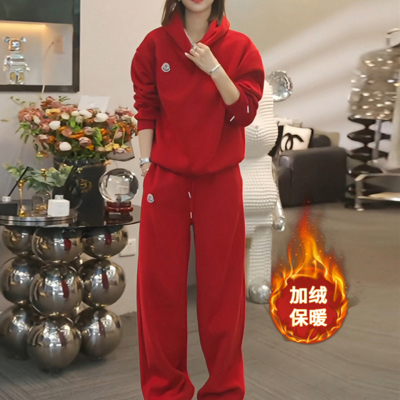 大红色加绒连帽卫衣阔腿裤套装女