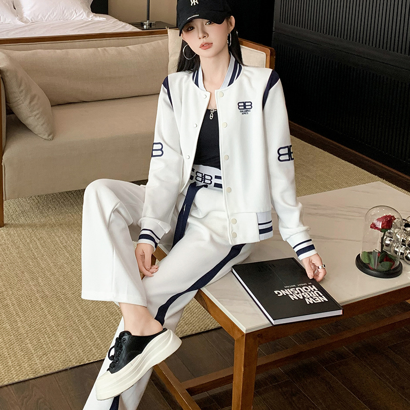 春秋撞色棒球服直筒裤运动套装女