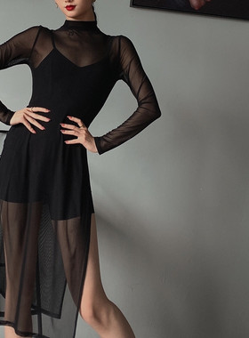 WYZ盖盖爵士旗袍网纱舞蹈网纱短款旗袍修身显瘦高腰开叉里连衣裙