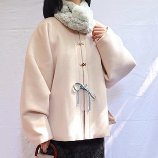 裳裳者华 粉雪 春秋冬日常毛呢明制圆领对襟弓袋袖短披袄传统汉服