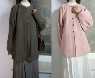 中长披袄传统汉服 春秋日常毛呢明制圆领对襟弓袋袖 裳裳者华 橄榄