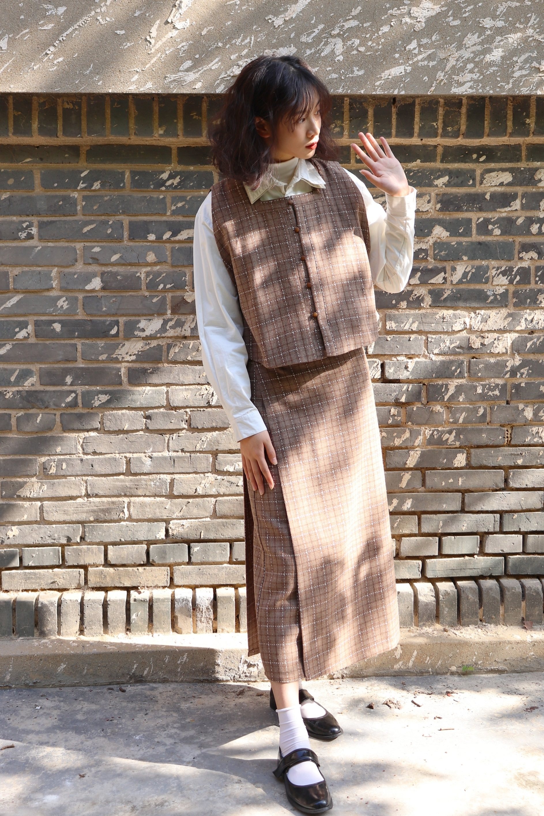 SHANG SHANG ZHE HUA 쿠키 명나라 송나라 체크 무늬 믹스 앤 매치는 투피스 스커트 나선형 스커트 데일리 HANFU보다 짧습니다