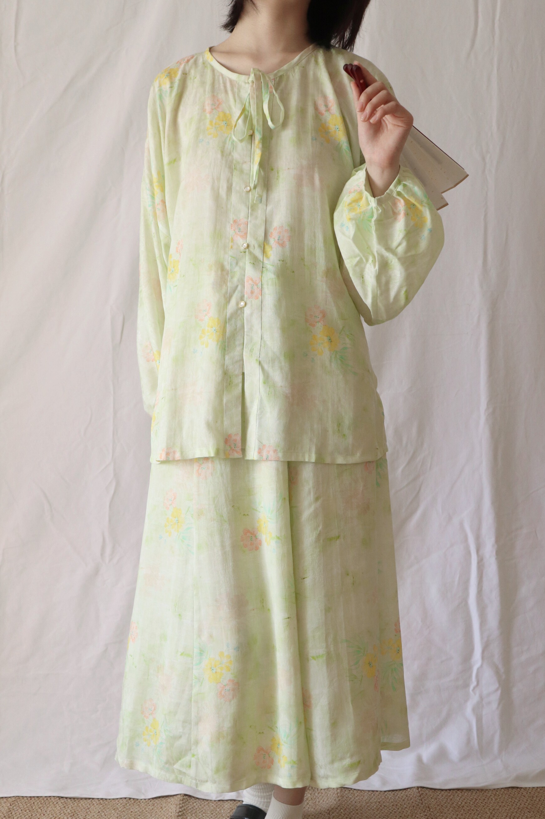 상상 중국 한복 원소 텐셀 자카드 프린트 라운드 넥 더블 브레스티드 블라우스 당나라 찢어진 스커트 봄 여름 가을