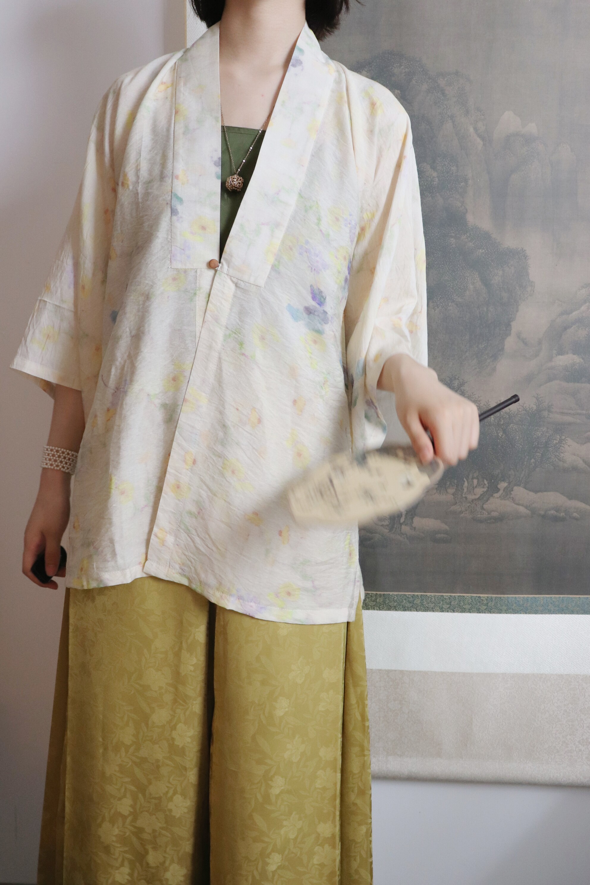 SHANG SHANG ZHE HUA GOUACHE 봄 여름 가을 일일 MING TENCEL 프린트 칼라 셔츠 반소매 더블 브레스트 쇼트 셔츠 HANFU