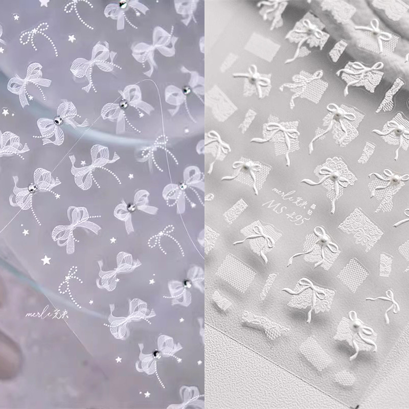 珍珠白色蕾丝蝴蝶结美甲贴纸浮雕立体5d蝴蝶飘带日系透色指甲贴纸