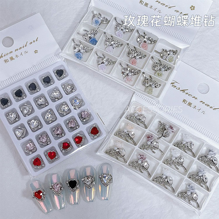 新款美甲饰品堆堆钻渐变山茶花珍珠米兰德合金爱心钻蝴蝶指甲装饰