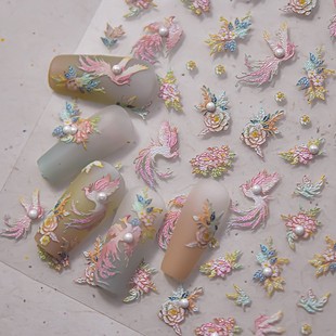 美甲贴纸新款凤凰云松仙鹤国风款式高级镭射款式粉色凤凰自带晶钻