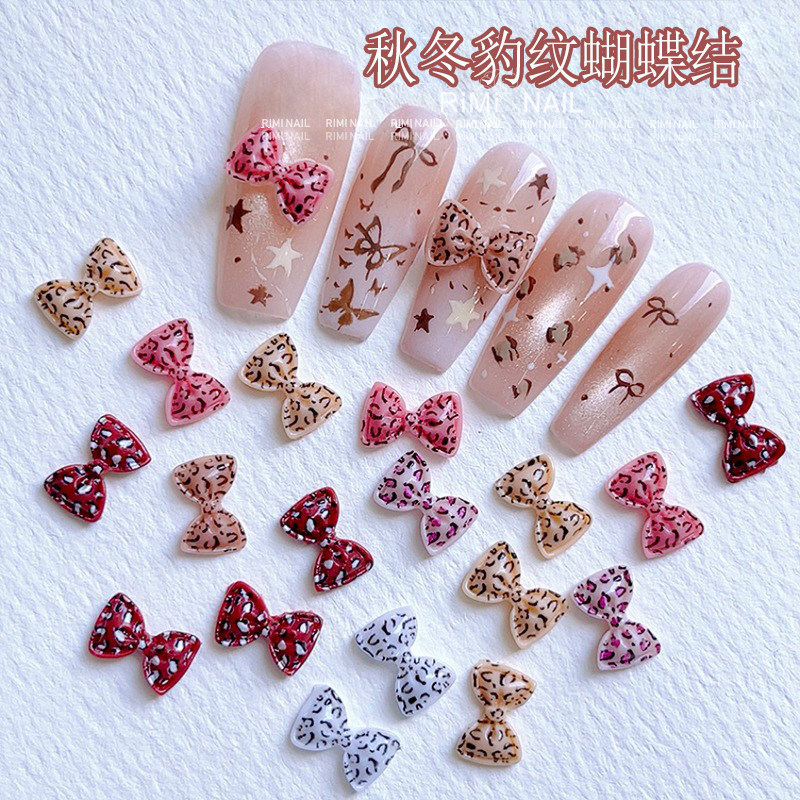 新款豹纹领结蝴蝶结美甲饰品秋冬美拉德色个性辣妹蝴蝶结指甲装饰