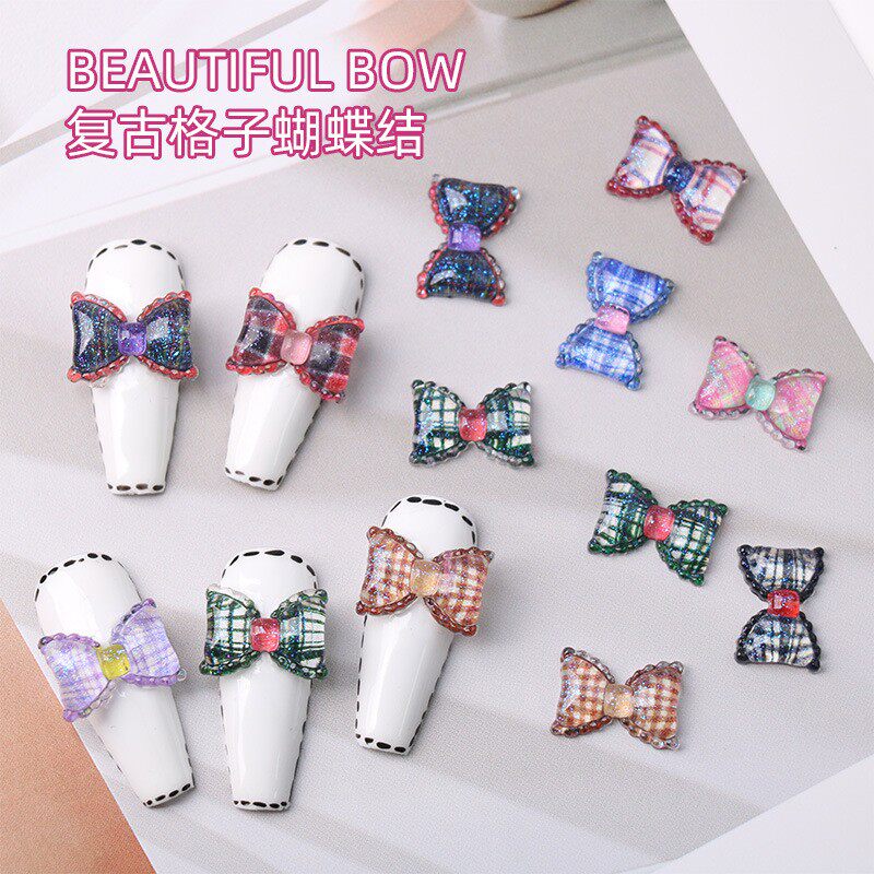 复古格子学院风色蝴蝶结美甲饰品网红立体指甲气质领结树脂钻饰
