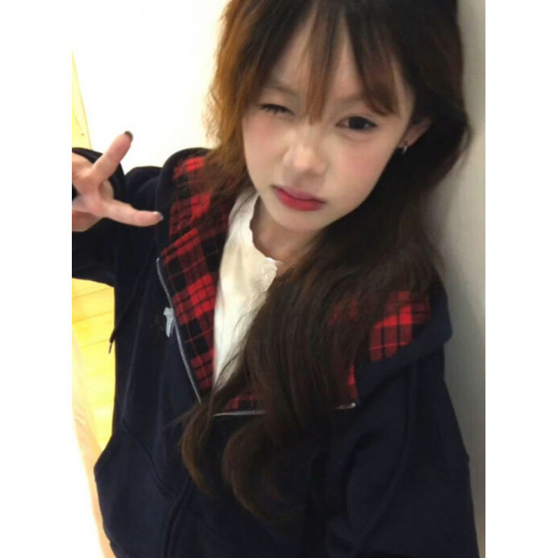 藏青色美式复古刺绣格子拼接连帽卫衣女春秋季宽松慵懒风外套