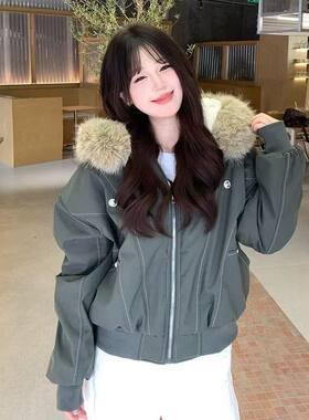 美式复古座山雕冬装派克棉服女款2025新款加厚棉袄仿兔毛工装外套