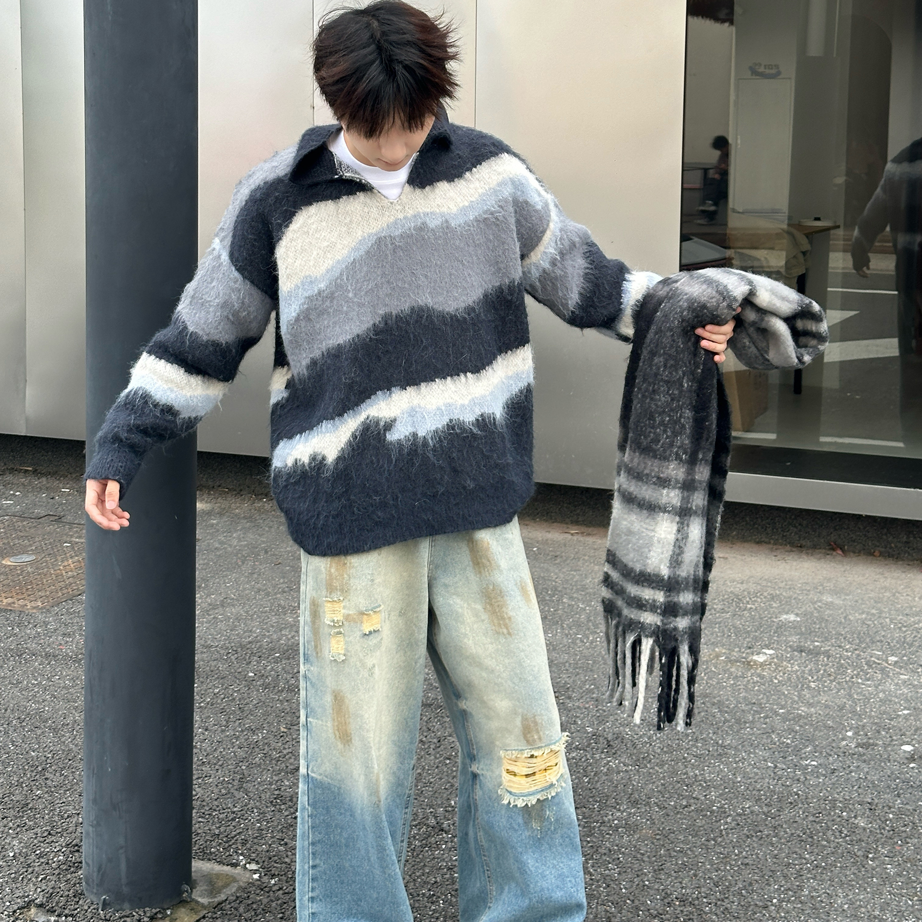 美式复古慵懒风仿貂毛撞色条纹男毛衣情侣宽松翻领针织衫保暖毛衣