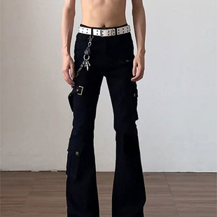 美式 男款 高街弯刀裤 子修身 黑色vibe绑带微喇工装 提档直筒裤 牛仔裤