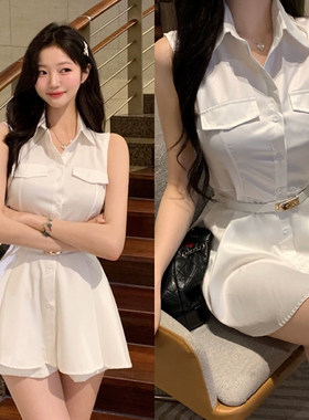 修饰好身材！纯色纯欲辣妹风性感收腰露肩无袖夏季连衣裙短裤套装