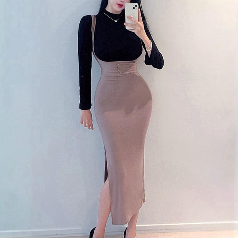纯欲紧身开叉背带连衣裙女秋冬小个子气质修身收腰后妈包臀小妈裙