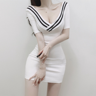 现货~韩国东大门性感V领中袖包臀连衣裙显身材短款拼色显胸短裙子