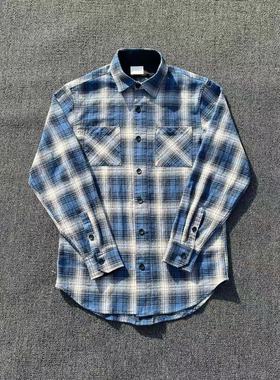 明亮叔出品春秋款定织定染3rd蓝格子背拉潮流高街宽松衬衫男女款