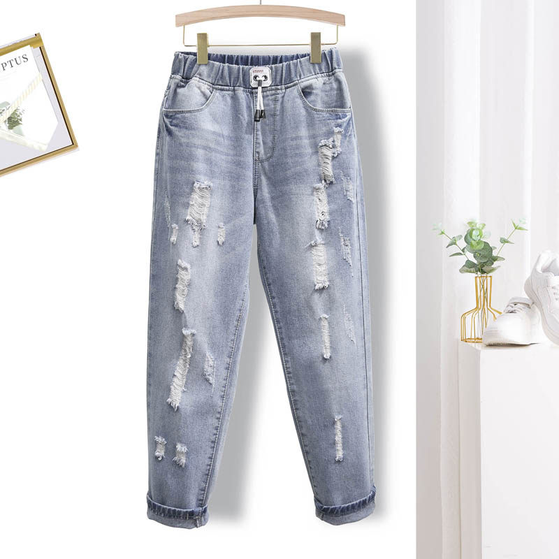 大码破洞牛仔裤女230斤韩版宽松显瘦哈伦裤胖mm松紧高腰阔腿裤子