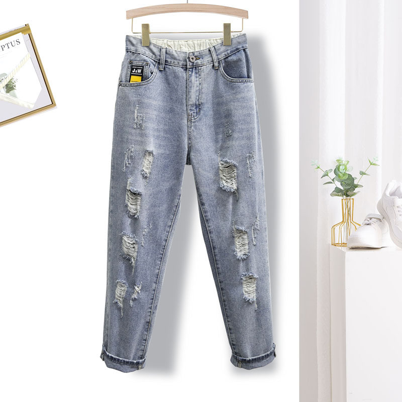 230斤胖MM大码高腰个性破洞牛仔裤女夏季新款宽松显瘦阔腿九分裤