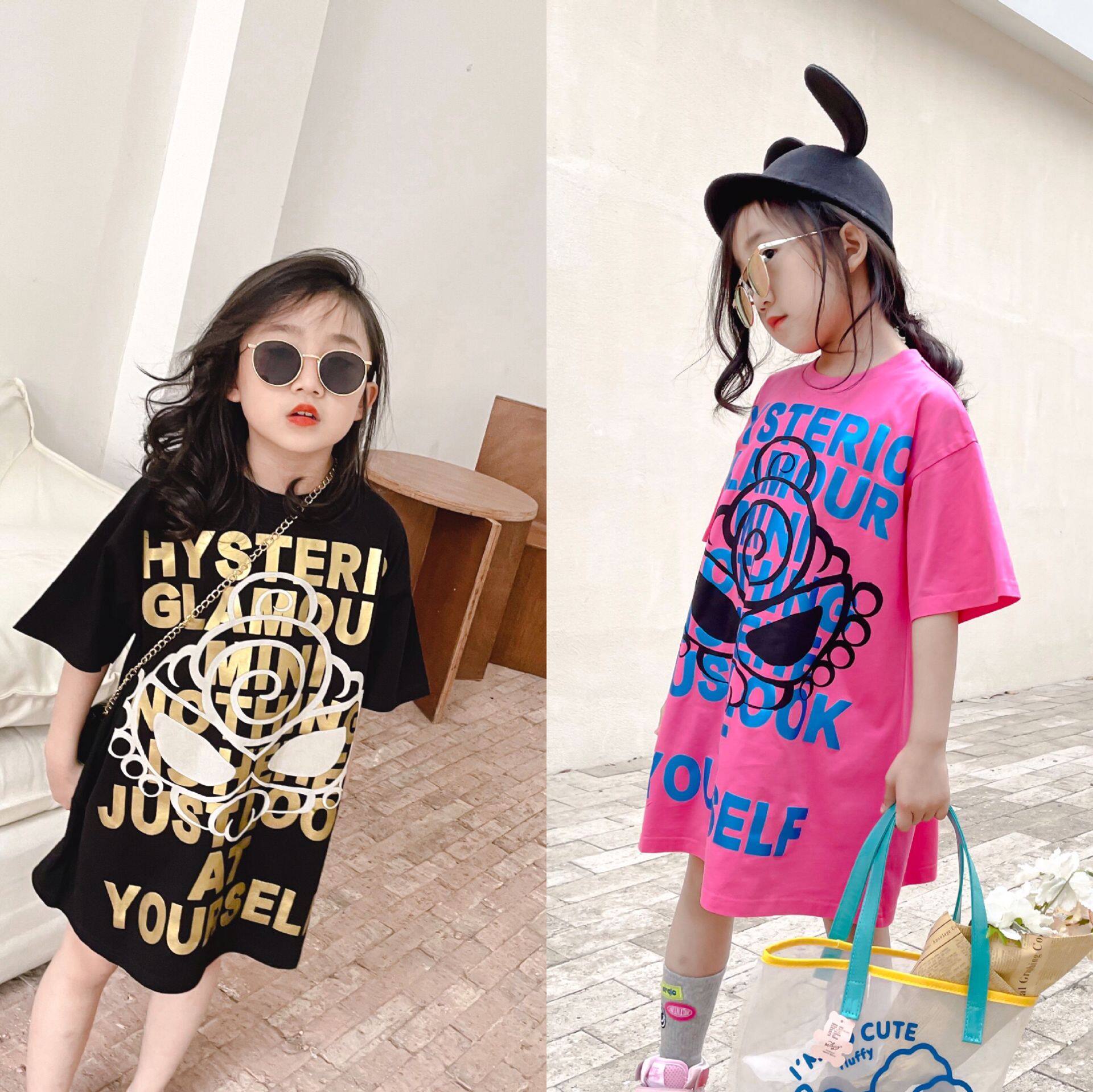 日系黑超奶嘴童装儿童中长款短袖裙T女童宝宝字母印花洋气连衣裙