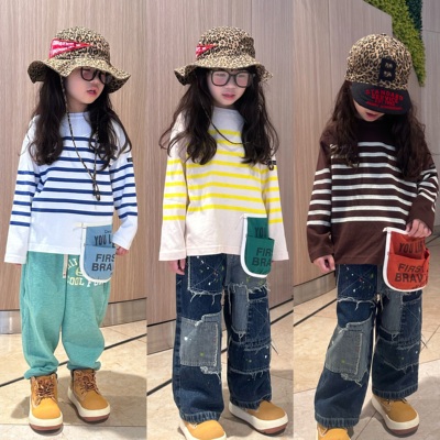 圆领洋气条纹日式长袖口袋春秋dd