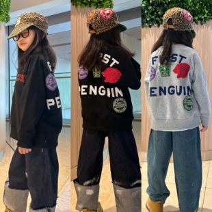 闲闲家秋季新款日系儿童章仔贴布刺绣长袖卫衣男女童圆领毛圈上衣