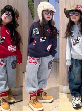 闲闲家秋冬款dd童装日系儿童佳通加绒卫衣男女童卡通徽章刺绣上衣