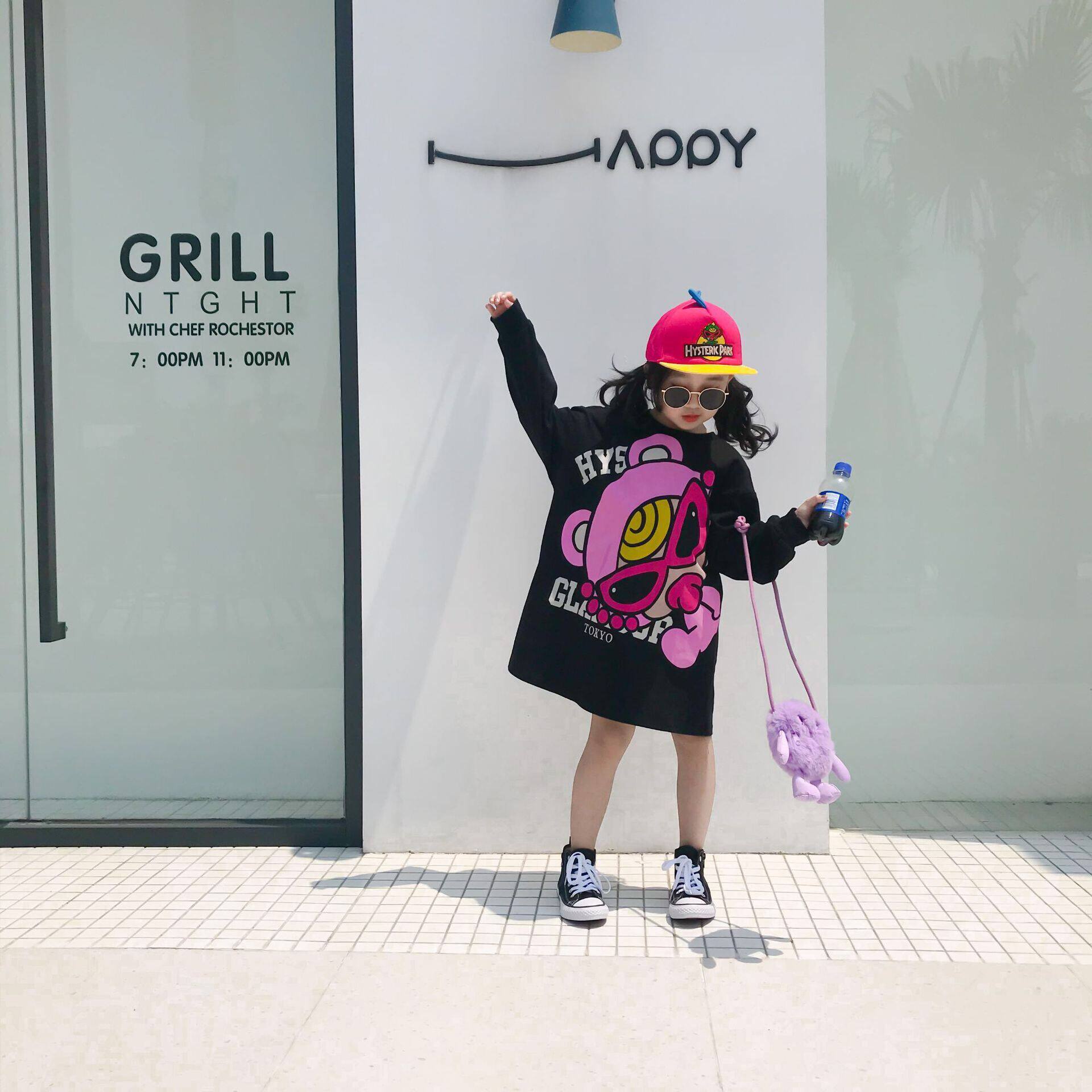 日系潮牌童装黑超奶嘴儿童长袖t恤裙女童宝宝可爱卡通宽松连衣裙