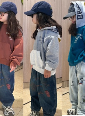 闲闲家冬季dd儿童重工刺绣加绒长袖卫衣男女童拼色洋气加厚帽衫