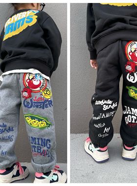 秋冬jam童装男童女童加绒休闲裤日系儿童卡通汉堡刺绣休闲长裤子