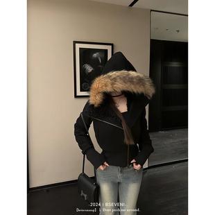 黑泽玄七微胖mm2025春季新款显瘦美式加厚加绒连帽毛领短款外套女