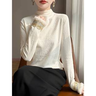 高级感新中式半高领打底衫女秋冬新款加绒T恤国风刺绣民族风上衣