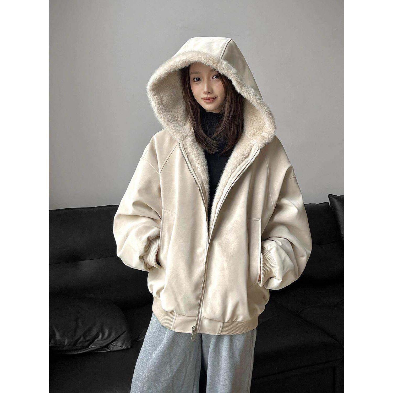 美式连帽座山雕皮衣外套棉服男女款冬季加绒加厚保暖毛领棉衣夹克