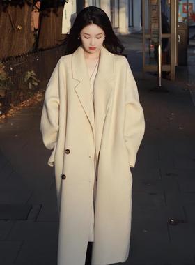 双面羊绒大衣女中长款2025秋冬燕麦色新款韩系宽松高端羊毛呢外套