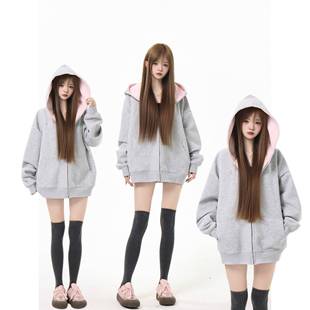 漂亮炮灰 美式纯色拼接连帽卫衣秋冬宽松休闲拉链男女开衫外套