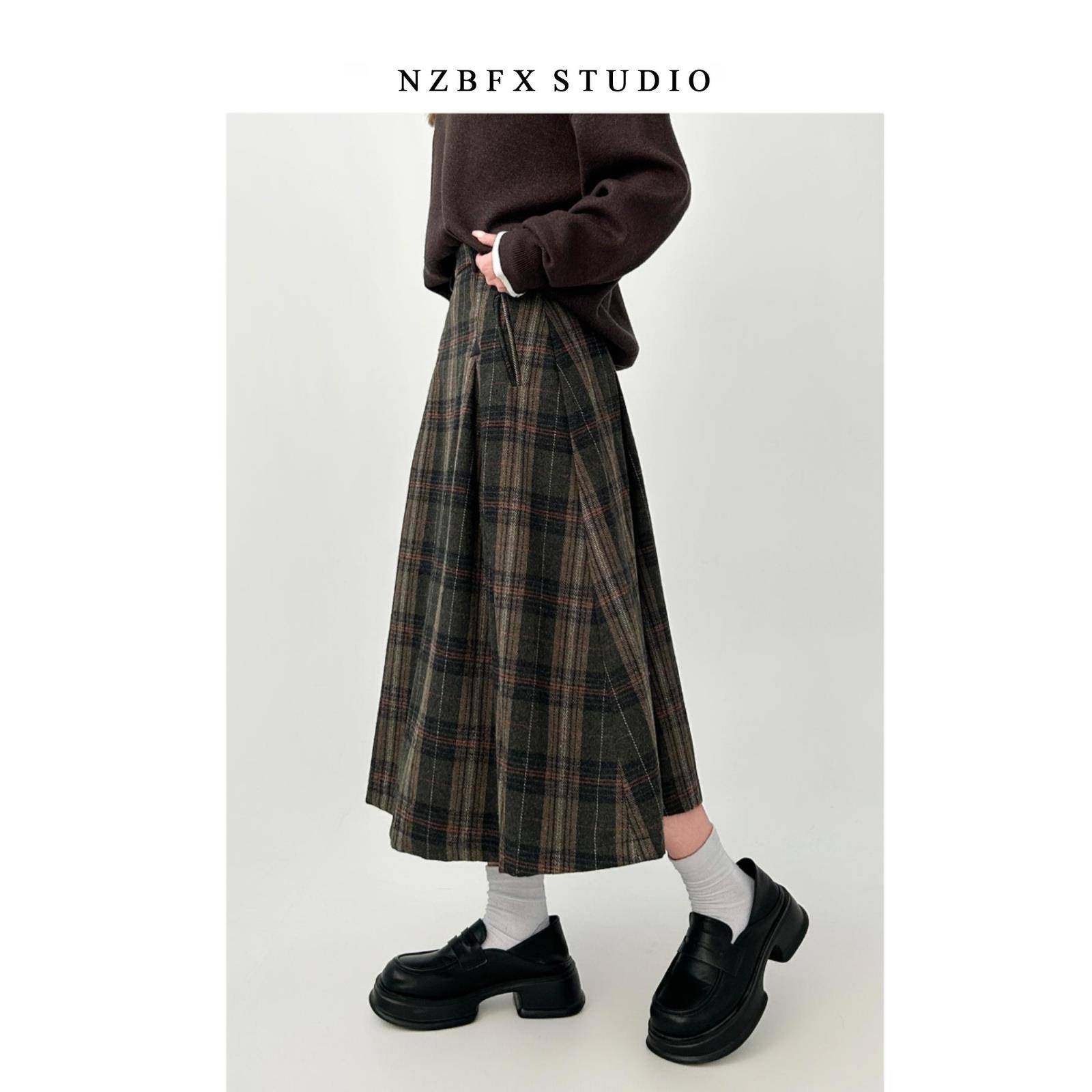 毛呢格子半身裙女冬季大码胖mm覆古长裙英伦风a字绿色中长款裙子