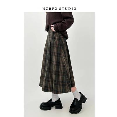 毛呢格子半身裙女冬季大码胖mm覆古长裙英伦风a字绿色中长款裙子