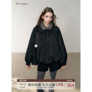 NEW EMPIRE25冬季新款设计感小众上衣毛领加厚黑色花苞棉服外套女