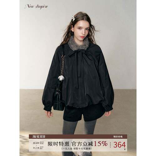NEW EMPIRE25冬季新款设计感小众上衣毛领加厚黑色花苞棉服外套女
