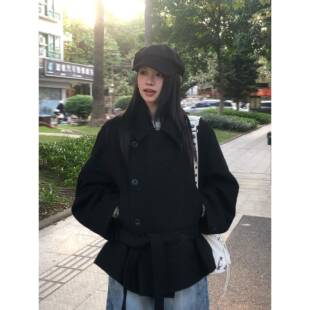 气质韩系黑色呢子大衣女2025秋冬新款毛呢外套小个子赫本风高级感