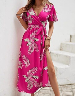 希音女士v领修身连衣裙跨境大码女装印花长裙度假风亚马逊独立站