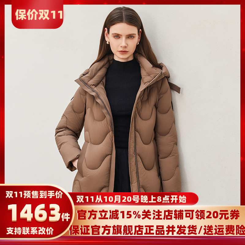 艾尚雪连帽中长款羽绒服女加厚保暖面包服冬季外套棕色168A0