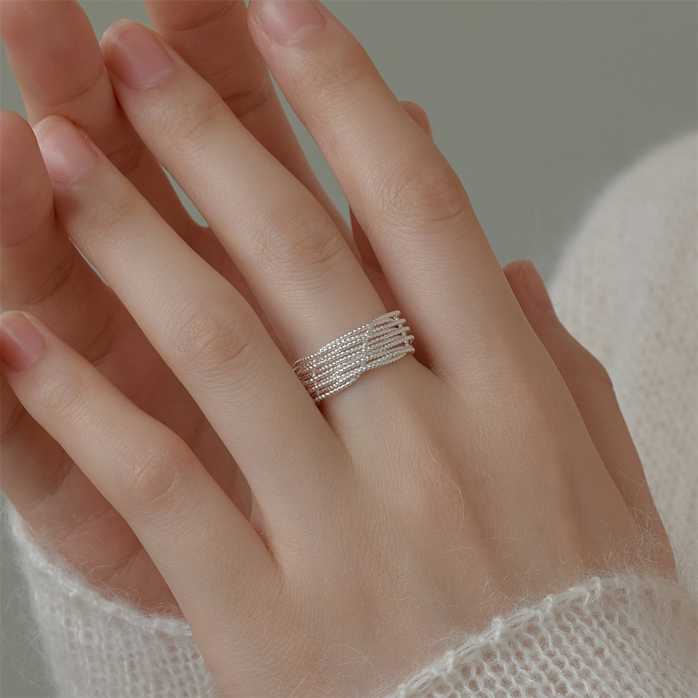 梵灵闪亮银丝戒指纯银古法编织