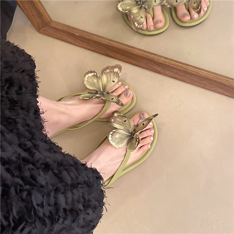 2025夏季新款蝴蝶装饰花坡跟人字拖时尚百搭