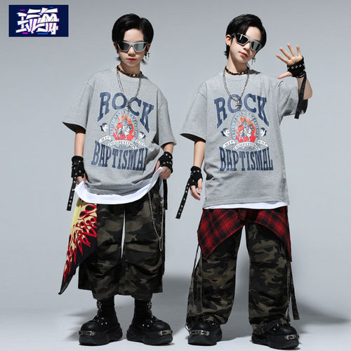 儿童街舞潮服时髦酷帅男童短袖hiphop炸街少儿嘻哈舞台表演出服装